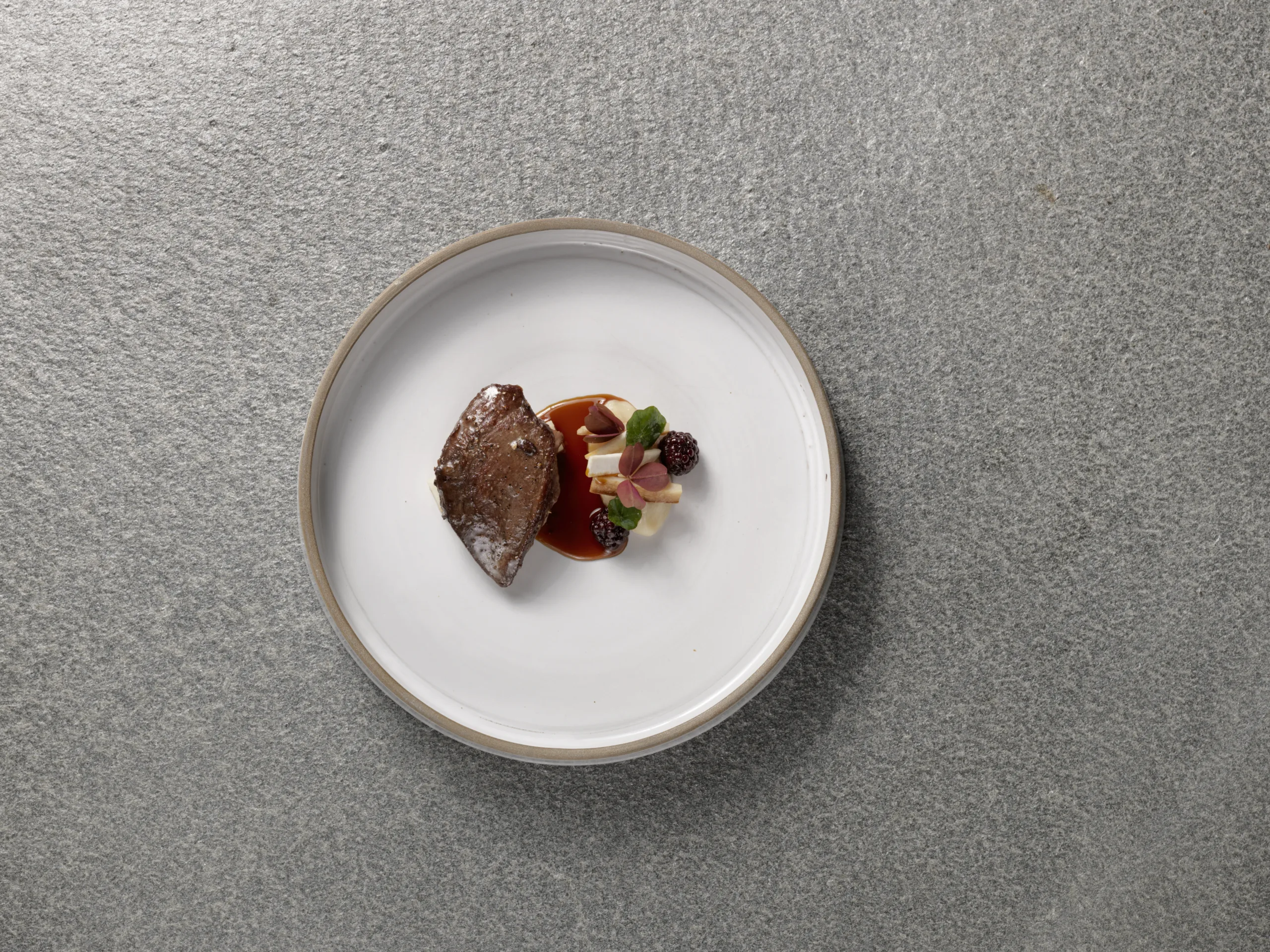 Seared meat with dark sauce, white cubes, blackberries and microgreens on a white plate